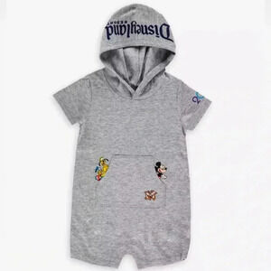 Disney Land 18 mo Hooded SS Grey bottom buttoned Romper w characters.